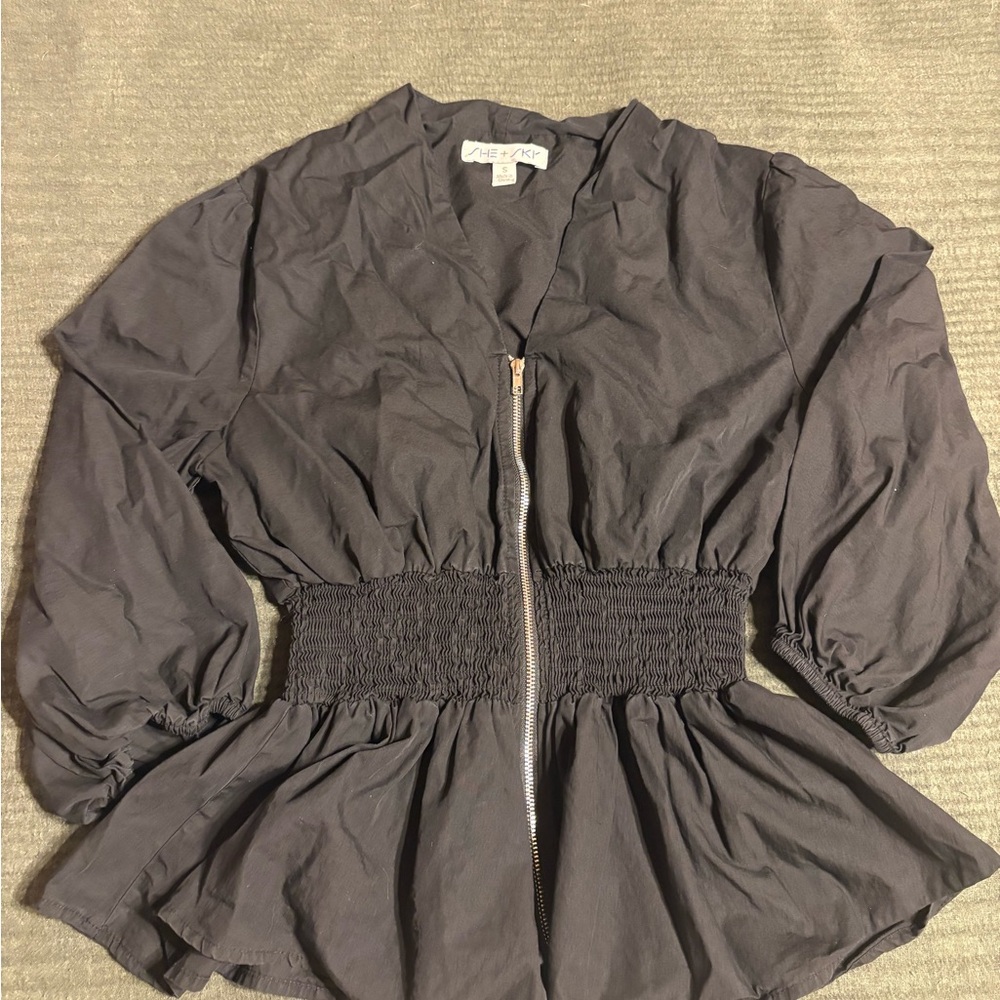 Black Shirred-Waist Zip Front Blouse